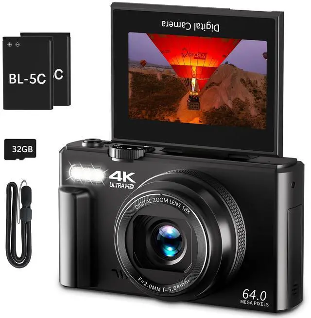 Main image of 4K Digital Camera for Photography, 64MP Vlogging Camera for YouTube with 3" 180° Flip Screen, 18X Digital Zoom Point and Shoot Camara with 32GB Micro SD Card for Beginner (Black)