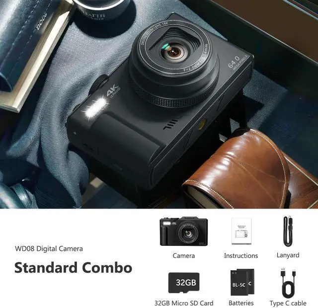 Alt view image 7 of 7 - 4K Digital Camera for Photography, 64MP Vlogging Camera for YouTube with 3" 180° Flip Screen, 18X Digital Zoom Point and Shoot Camara with 32GB Micro SD Card for Beginner (Black)