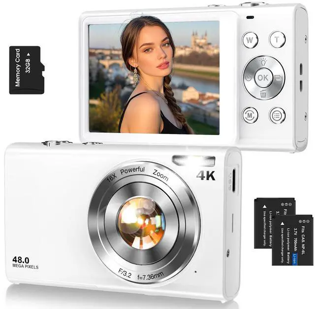 Main image of Digital Camera,Autofocus 4K Vlogging Camera for Photography with 32GB Card,48MP Portable Compact Point and Shoot Digital Camera for Teens Adult Beginner with 16X Zoom,Anti-Shake,2 Batteries(White)