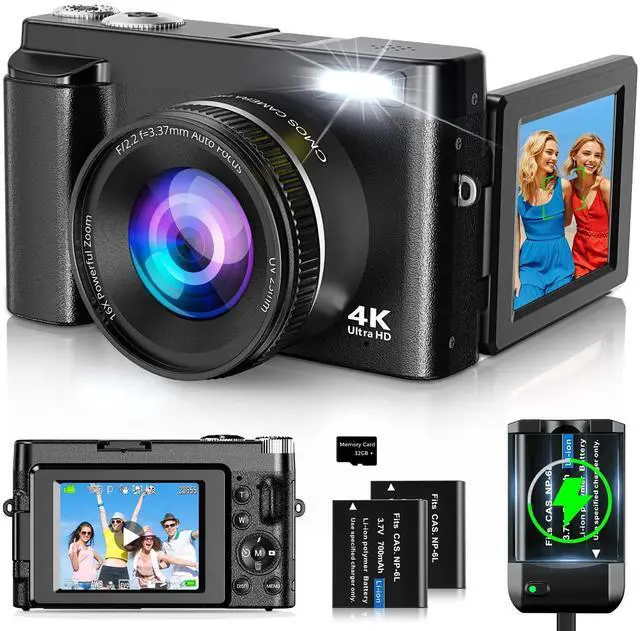 Main image of 4K Digital Camera for Photography and Video, Autofocus 48MP Vlogging Camera for YouTube with 3'' 180°Flip Screen 16X Zoom Compact Travel Cameras with SD Card, 2 Batteries, Anti-Shake, Flash (Black)