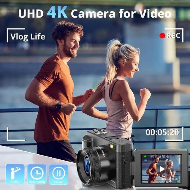 Alt view image 2 of 7 - 4K Digital Camera for Photography and Video, Autofocus 48MP Vlogging Camera for YouTube with 3'' 180°Flip Screen 16X Zoom Compact Travel Cameras with SD Card, 2 Batteries, Anti-Shake, Flash (Black)