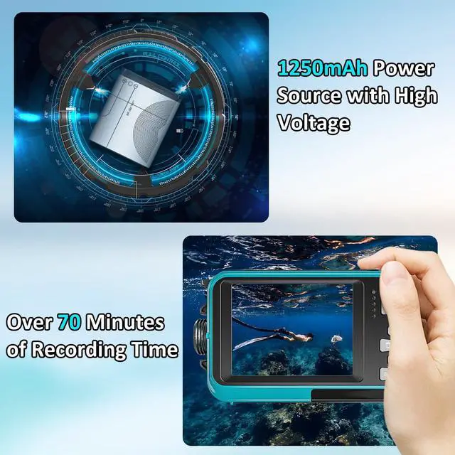 Alt view image 5 of 7 - 4K Underwater Camera 11FT Waterproof Camera with 32GB Card 56MP Autofocus Dual-Screen Selfie Underwater Camera for Snorkeling Waterproof Compact Floatable Digital Camera 1250mAh Battery Type-C (Blue)
