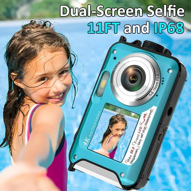Alt view image 2 of 7 - 4K Underwater Camera 11FT Waterproof Camera with 32GB Card 56MP Autofocus Dual-Screen Selfie Underwater Camera for Snorkeling Waterproof Compact Floatable Digital Camera 1250mAh Battery Type-C (Blue)