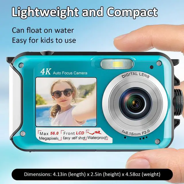 Alt view image 6 of 7 - 4K Underwater Camera 11FT Waterproof Camera with 32GB Card 56MP Autofocus Dual-Screen Selfie Underwater Camera for Snorkeling Waterproof Compact Floatable Digital Camera 1250mAh Battery Type-C (Blue)