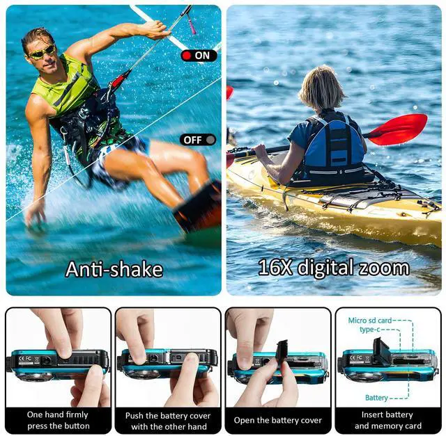 Alt view image 7 of 7 - 4K Underwater Camera 11FT Waterproof Camera with 32GB Card 56MP Autofocus Dual-Screen Selfie Underwater Camera for Snorkeling Waterproof Compact Floatable Digital Camera 1250mAh Battery Type-C (Blue)