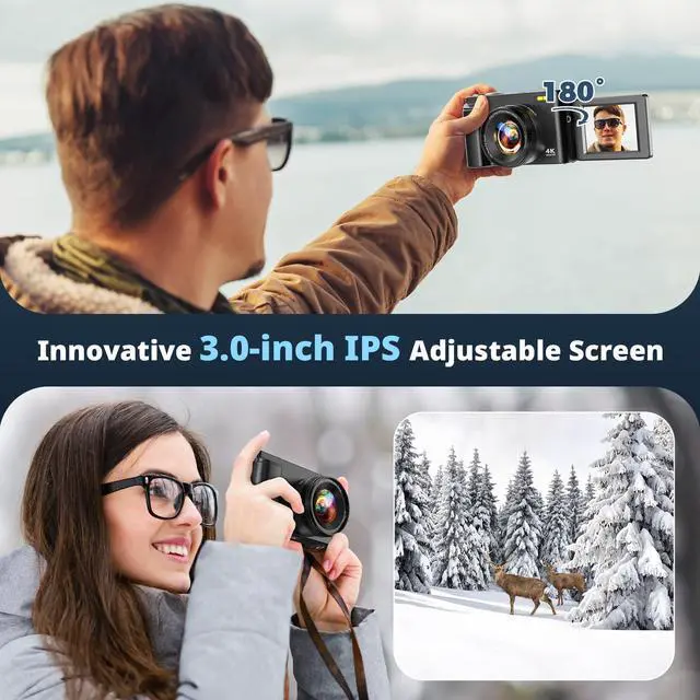 Alt view image 3 of 7 - 4K Digital Camera for Photography, UHD Autofocus 48MP 180° Flip Screen 16X Zoom Compact Point Shoot Vlogging Camera for YouTube with 2 Batteries, 32GB Card (Black)