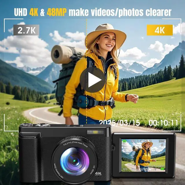 Alt view image 2 of 7 - 4K Digital Camera for Photography, UHD Autofocus 48MP 180° Flip Screen 16X Zoom Compact Point Shoot Vlogging Camera for YouTube with 2 Batteries, 32GB Card (Black)
