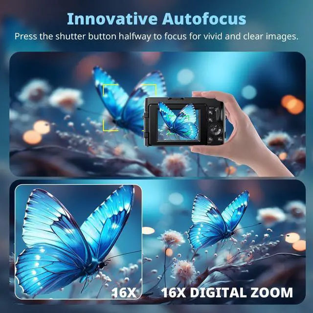 Alt view image 4 of 7 - 4K Digital Camera for Photography, UHD Autofocus 48MP 180° Flip Screen 16X Zoom Compact Point Shoot Vlogging Camera for YouTube with 2 Batteries, 32GB Card (Black)