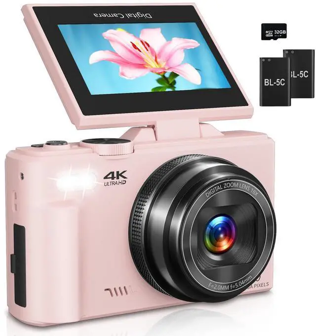 Main image of Digital Camera for Photography, 4K Vlogging Camera for YouTube 3" 180° Flip Screen 18X Digital Zoom Compact Cameras with 32GB TF Card & 2 Batteries, Pink