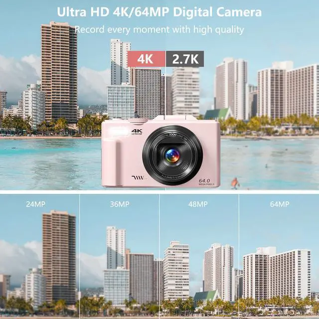 Alt view image 2 of 7 - Digital Camera for Photography, 4K Vlogging Camera for YouTube 3" 180° Flip Screen 18X Digital Zoom Compact Cameras with 32GB TF Card & 2 Batteries, Pink