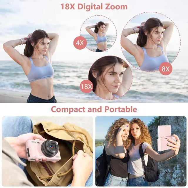 Alt view image 3 of 7 - Digital Camera for Photography, 4K Vlogging Camera for YouTube 3" 180° Flip Screen 18X Digital Zoom Compact Cameras with 32GB TF Card & 2 Batteries, Pink