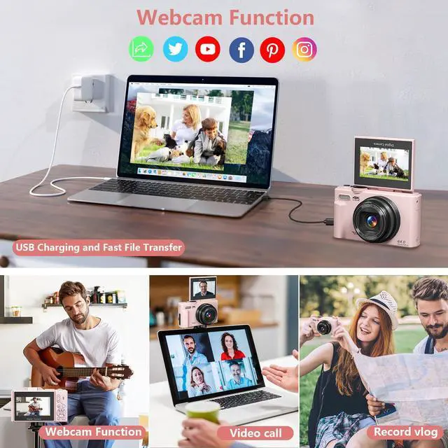 Alt view image 5 of 7 - Digital Camera for Photography, 4K Vlogging Camera for YouTube 3" 180° Flip Screen 18X Digital Zoom Compact Cameras with 32GB TF Card & 2 Batteries, Pink