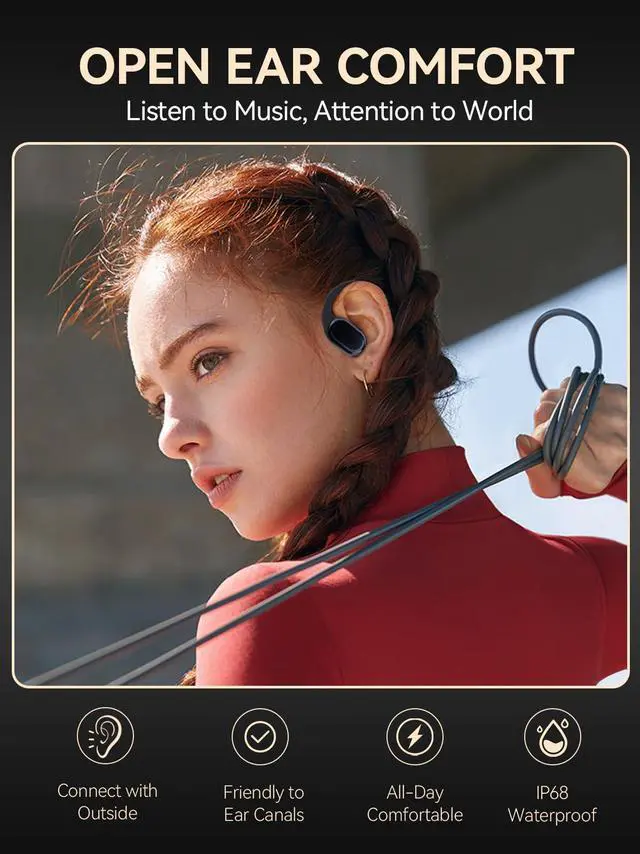 Alt view image 3 of 7 - True Wireless Bone Conduction Earphones, OWS Open Ear Headphones with Earhooks, Bluetooth 5.3, Up to 60H Playtime with Case, IP68, AAC/SBC, for Cycling Yoga Workouts