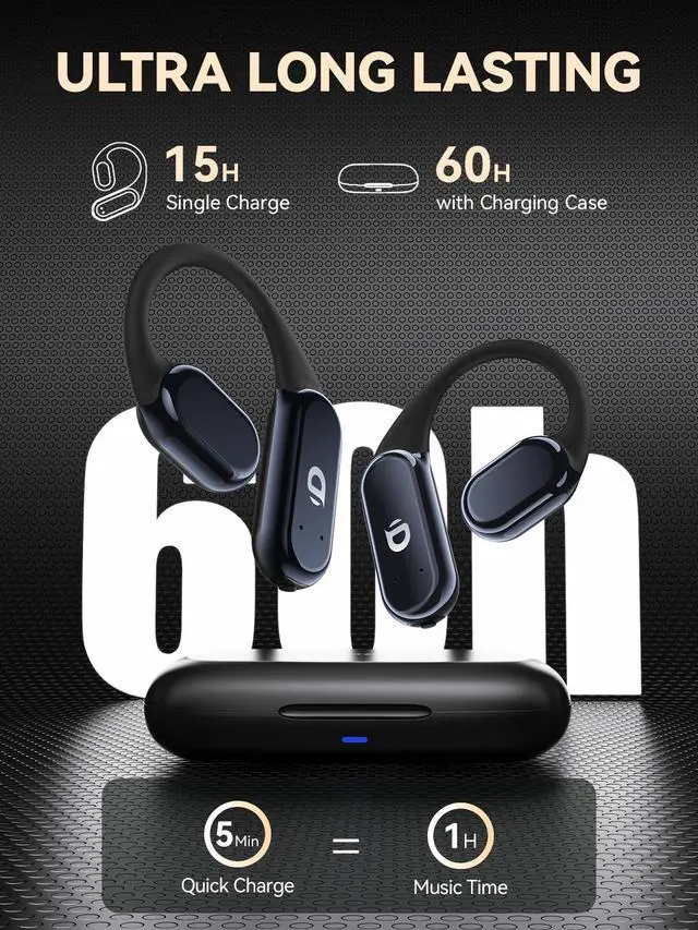 Alt view image 6 of 7 - True Wireless Bone Conduction Earphones, OWS Open Ear Headphones with Earhooks, Bluetooth 5.3, Up to 60H Playtime with Case, IP68, AAC/SBC, for Cycling Yoga Workouts