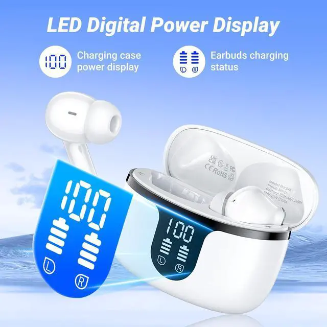 Alt view image 7 of 7 - Wireless Earbuds Bluetooth Headphones Bluetooth 5.4 Ear Buds with 4 ENC Noise Canceling Mic Headsets, HiFi Stereo 42hrs Playback Earphones with LED Power Display for Sports/Workout/Running White