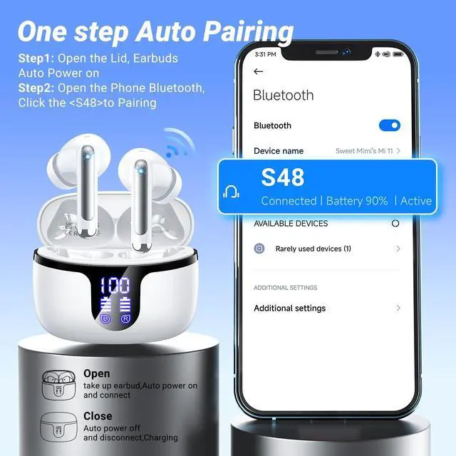 Alt view image 4 of 7 - Wireless Earbuds Bluetooth Headphones Bluetooth 5.4 Ear Buds with 4 ENC Noise Canceling Mic Headsets, HiFi Stereo 42hrs Playback Earphones with LED Power Display for Sports/Workout/Running White