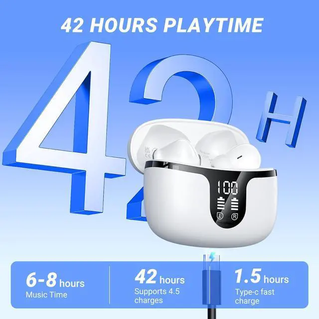 Alt view image 6 of 7 - Wireless Earbuds Bluetooth Headphones Bluetooth 5.4 Ear Buds with 4 ENC Noise Canceling Mic Headsets, HiFi Stereo 42hrs Playback Earphones with LED Power Display for Sports/Workout/Running White