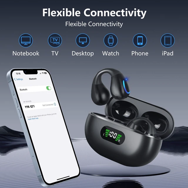 Alt view image 4 of 7 - Ultra Open Ear Headphones Bluetooth 5.3 Wireless Bone Conduction Clip On Earbuds with Digital Display Charging Case 60 Hours Playtime Sport Earphones IPX7 Waterproof for Running Fitness Black