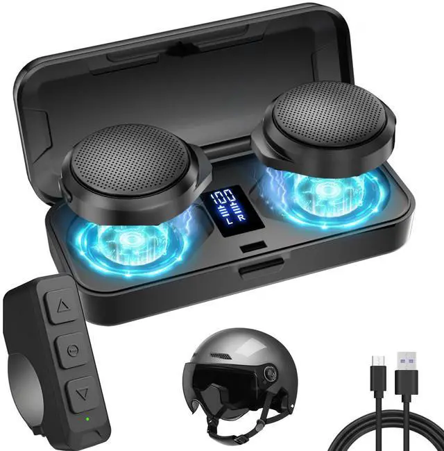 Main image of Motorcycle Bluetooth Headset with Charging Case, Helmet Bluetooth Speaker with Microphones & LED Display, 1900mAh Battery with 50Hours Work Time Wireless Headsets for Skiing and Riding