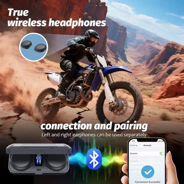 Alt view image 2 of 6 - Motorcycle Bluetooth Headset with Charging Case, Helmet Bluetooth Speaker with Microphones & LED Display, 1900mAh Battery with 50Hours Work Time Wireless Headsets for Skiing and Riding