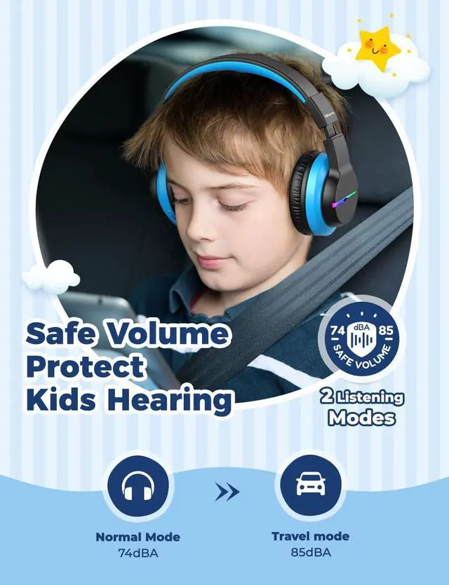 Alt view image 3 of 7 - BTH12 Kids Bluetooth Headphones 2 Pack,Colorful LED Lights,74/85dBA Safe Volume,85H Playtime,Bluetooth 5.2,Over Ear Kids Headphones Built-in Mic for iPad/Tablet/Airplane, Pink & Black