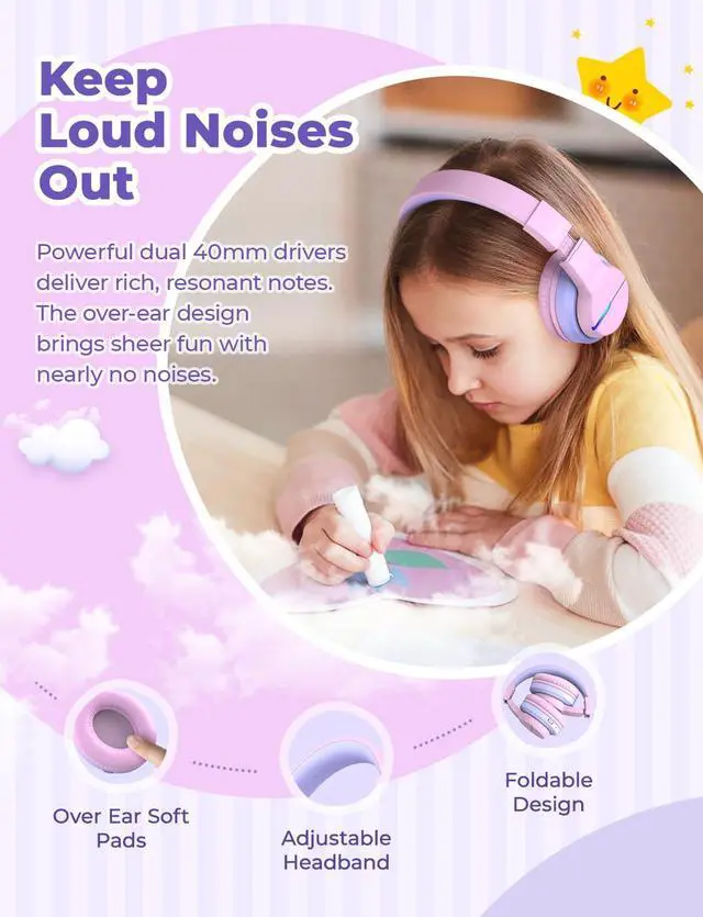 Alt view image 6 of 7 - BTH12 Kids Bluetooth Headphones 2 Pack,Colorful LED Lights,74/85dBA Safe Volume,85H Playtime,Bluetooth 5.2,Over Ear Kids Headphones Built-in Mic for iPad/Tablet/Airplane, Pink & Black