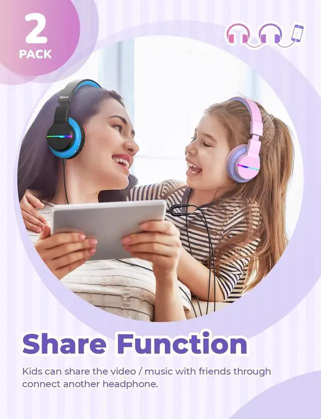 Alt view image 7 of 7 - BTH12 Kids Bluetooth Headphones 2 Pack,Colorful LED Lights,74/85dBA Safe Volume,85H Playtime,Bluetooth 5.2,Over Ear Kids Headphones Built-in Mic for iPad/Tablet/Airplane, Pink & Black