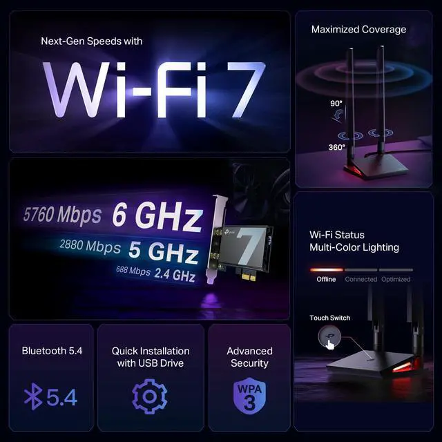 Alt view image 2 of 7 - WiFi 7 BE9300 PCIe WiFi Card for Desktop PC(Archer TBE550E), Tri-Band Wireless Adapter, Bluetooth 5.4, Multicolor Status LED, Supports AMD/Intel Motherboard, Not Compatible with Windows 10