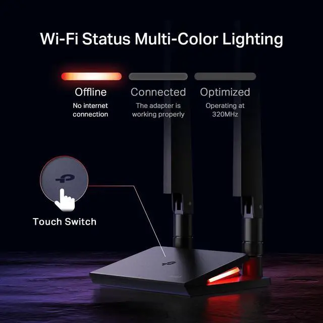 Alt view image 6 of 7 - WiFi 7 BE9300 PCIe WiFi Card for Desktop PC(Archer TBE550E), Tri-Band Wireless Adapter, Bluetooth 5.4, Multicolor Status LED, Supports AMD/Intel Motherboard, Not Compatible with Windows 10
