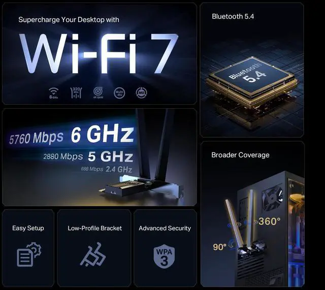 Alt view image 2 of 7 - WiFi 7 BE9300 PCIe WiFi Card Archer TBE552E| Tri-Band Network Card for Desktop PC| Bluetooth 5.4 | High-Gain Antenna | MLO, WPA3| Supports AMD/Intel Motherboard| Not Compatible w/Windows 10