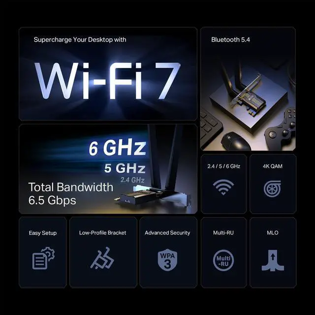 Alt view image 2 of 7 - WiFi 7 BE6500 PCIe WiFi Card Archer TBE400E | Tri-Band Network Card for Desktop PC | Bluetooth 5.4| High-Gain Antennas| MLO, WPA3| Supports AMD/Intel Motherboard | Not Compatible w/Windows 10