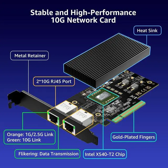 Alt view image 6 of 7 - 10G PCI-E Network Card with 10Gbps Dual RJ45 Ports, Intel X540-T2 Conrtoller, 10Gb Ethernet Adapter Card Compatible with PCI Express X8, X16, Support Windows/Windows Server/Linux/VMware
