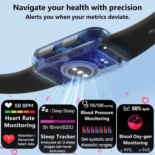Alt view image 3 of 7 - Health Fitness Tracker with Blood oxy-gen Monitor and 24/7 Heart Rate and Blood Pressure, Sleep Monitor, 120+ Sport Modes Waterproof Fitness Watch for Women Men Android iOS, Black