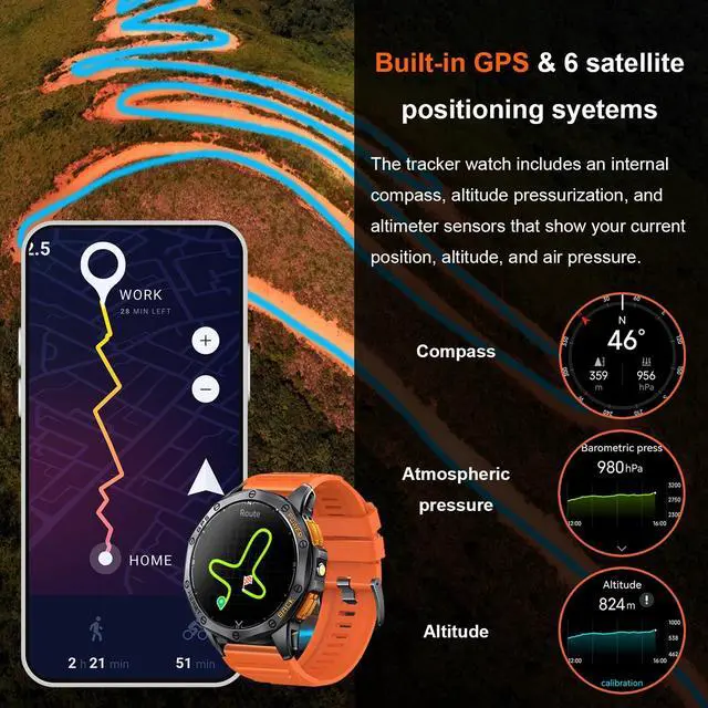 Alt view image 2 of 7 - Smart Watches Built-in GPS, 170+ Sport Modes for Men with Flashlight, Smartwatch for Android Phones and iPhone, 1.43" AMOLED Screen Bluetooth Call Compass Altimeter (Black & Orange (2 Bands))