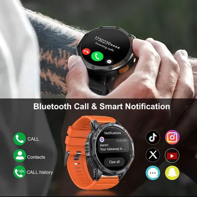 Alt view image 3 of 7 - Smart Watches Built-in GPS, 170+ Sport Modes for Men with Flashlight, Smartwatch for Android Phones and iPhone, 1.43" AMOLED Screen Bluetooth Call Compass Altimeter (Black & Orange (2 Bands))