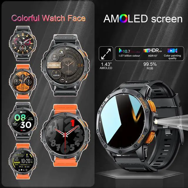 Alt view image 4 of 7 - Smart Watches Built-in GPS, 170+ Sport Modes for Men with Flashlight, Smartwatch for Android Phones and iPhone, 1.43" AMOLED Screen Bluetooth Call Compass Altimeter (Black & Orange (2 Bands))