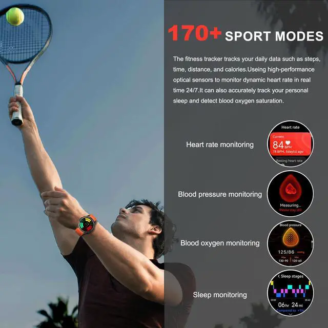 Alt view image 7 of 7 - Smart Watches Built-in GPS, 170+ Sport Modes for Men with Flashlight, Smartwatch for Android Phones and iPhone, 1.43" AMOLED Screen Bluetooth Call Compass Altimeter (Black & Orange (2 Bands))