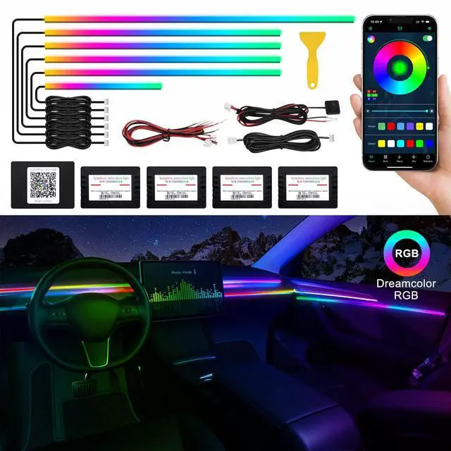 Main image of Acrylic Interior Car LED Strip Light with Wireless APP, RGB Dreamcolor 6 in 1 with 175 inches 593 LEDs Fiber Optic Ambient Lighting Kits, 16 Million Colors Sound Active Function Car Neon Lights