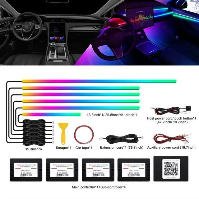 Alt view image 2 of 7 - Acrylic Interior Car LED Strip Light with Wireless APP, RGB Dreamcolor 6 in 1 with 175 inches 593 LEDs Fiber Optic Ambient Lighting Kits, 16 Million Colors Sound Active Function Car Neon Lights