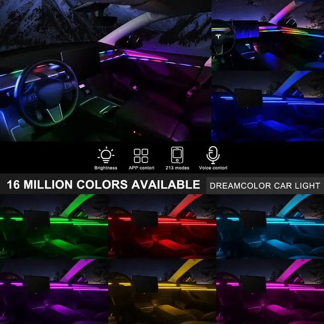 Alt view image 3 of 7 - Acrylic Interior Car LED Strip Light with Wireless APP, RGB Dreamcolor 6 in 1 with 175 inches 593 LEDs Fiber Optic Ambient Lighting Kits, 16 Million Colors Sound Active Function Car Neon Lights