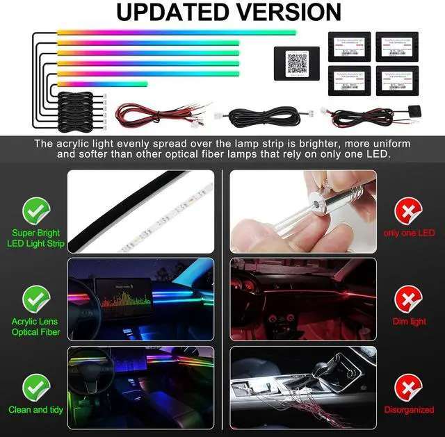 Alt view image 5 of 7 - Acrylic Interior Car LED Strip Light with Wireless APP, RGB Dreamcolor 6 in 1 with 175 inches 593 LEDs Fiber Optic Ambient Lighting Kits, 16 Million Colors Sound Active Function Car Neon Lights