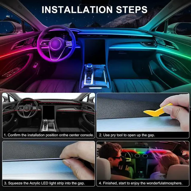 Alt view image 6 of 7 - Acrylic Interior Car LED Strip Light with Wireless APP, RGB Dreamcolor 6 in 1 with 175 inches 593 LEDs Fiber Optic Ambient Lighting Kits, 16 Million Colors Sound Active Function Car Neon Lights