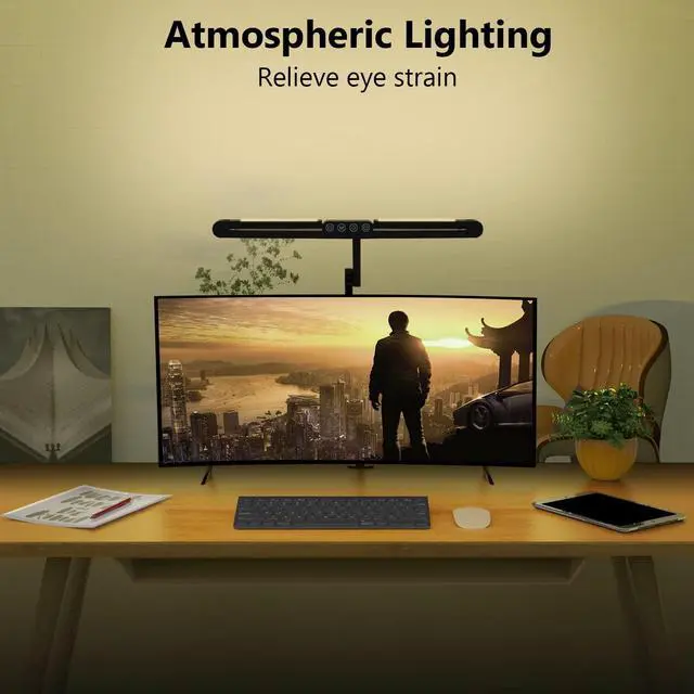 Alt view image 4 of 6 - Led Desk Lamp with Clamp, Architect Desk Lamp for Home Office with Atmosphere Lighting, 24W Ultra Bright Auto Dimming Computer Light Stepless Dimming and Tempering LED Table Light