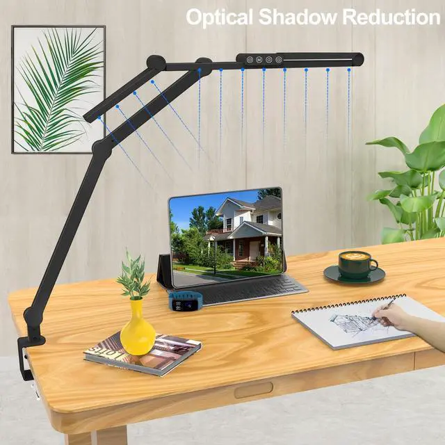 Alt view image 6 of 6 - Led Desk Lamp with Clamp, Architect Desk Lamp for Home Office with Atmosphere Lighting, 24W Ultra Bright Auto Dimming Computer Light Stepless Dimming and Tempering LED Table Light