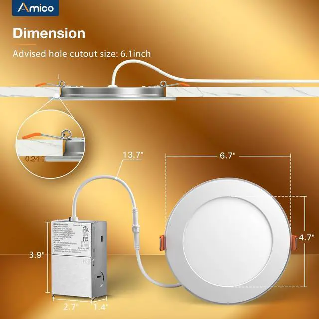 Alt view image 5 of 7 - 12 Pack 6 Inch 5CCT LED Recessed Ceiling Light with Night Light, 2700K/3000K/3500K/4000K/5000K Selectable Ultra-Thin Lighting, 12W=110W, 1100LM, Dimmable Canless Wafer Downlight ETL&FCC