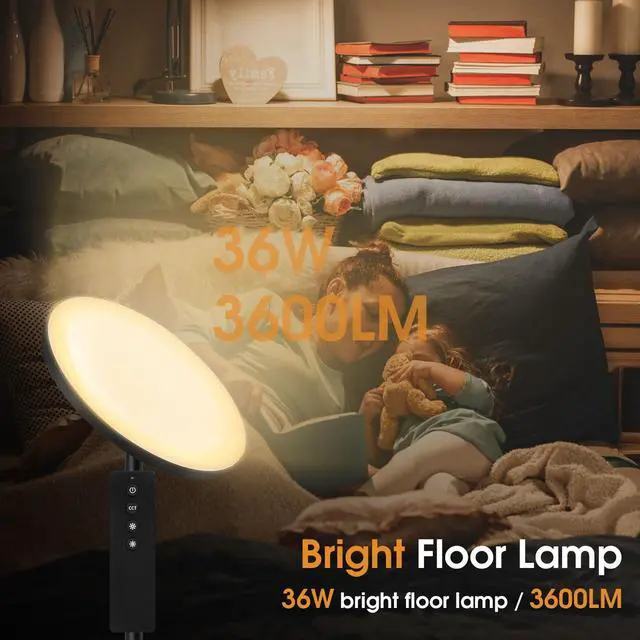 Alt view image 7 of 7 - Upgraded Floor Lamp, 36W/3600LM Super Bright Floor Lamp with Remote Control, Stepless Adjust Color Temperatures and Brightness, Torchiere Standing Lamp for Living Room Bedroom Office