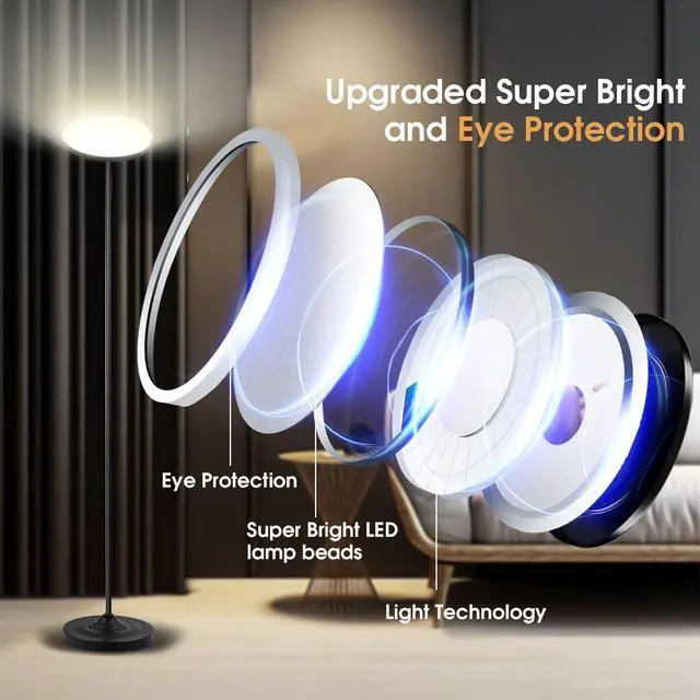 Alt view image 5 of 7 - Upgraded Floor Lamp, 36W/3600LM Super Bright Floor Lamp with Remote Control, Stepless Adjust Color Temperatures and Brightness, Torchiere Standing Lamp for Living Room Bedroom Office