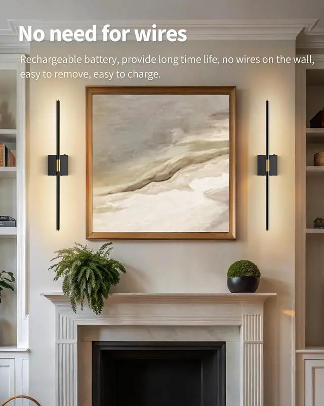 Alt view image 2 of 7 - Wall Sconces Set of 2 Battery Operated, Wireless USB Rechargeable Wall Lights with Remote Control, 360° Rotation, 8000mAh LED Dimmable Picture Lamp for Living Room,Bedroom,Hallway (30in Black)