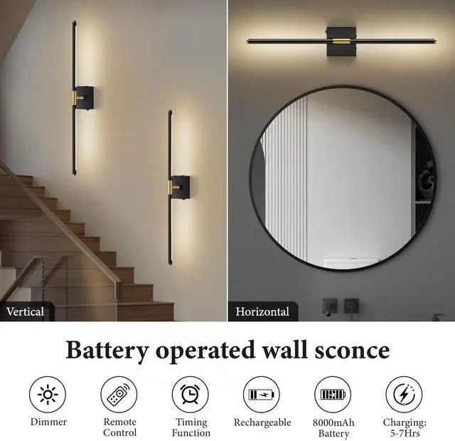 Alt view image 3 of 7 - Wall Sconces Set of 2 Battery Operated, Wireless USB Rechargeable Wall Lights with Remote Control, 360° Rotation, 8000mAh LED Dimmable Picture Lamp for Living Room,Bedroom,Hallway (30in Black)