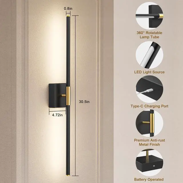 Alt view image 7 of 7 - Wall Sconces Set of 2 Battery Operated, Wireless USB Rechargeable Wall Lights with Remote Control, 360° Rotation, 8000mAh LED Dimmable Picture Lamp for Living Room,Bedroom,Hallway (30in Black)